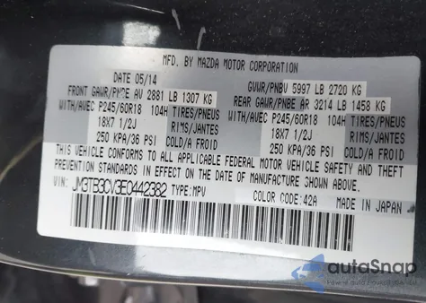 2014 Mazda Cx-9 Touring z USA, uszkodzony, nr VIN JM3TB3CV3E0442382